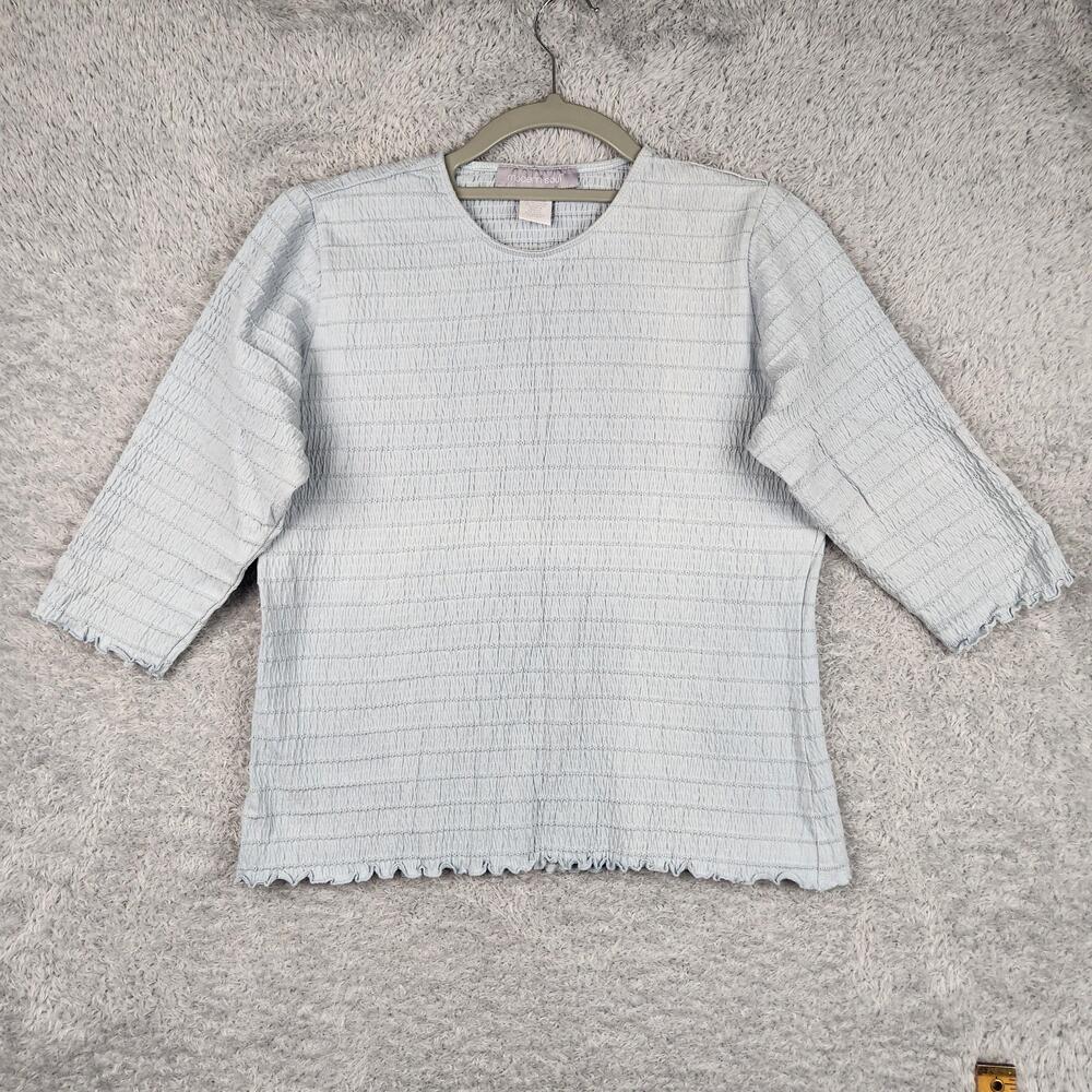 Vintage Modern Soul Blouse Womens Medium Blue Crinkle Stretch Knit Ruffle Y2k